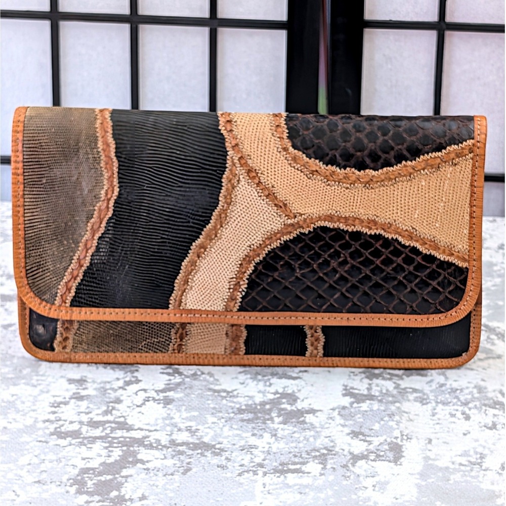 Carlos Falchi Patchwork Leather Clutch Handbag Brown Black Tan Exotic Skin